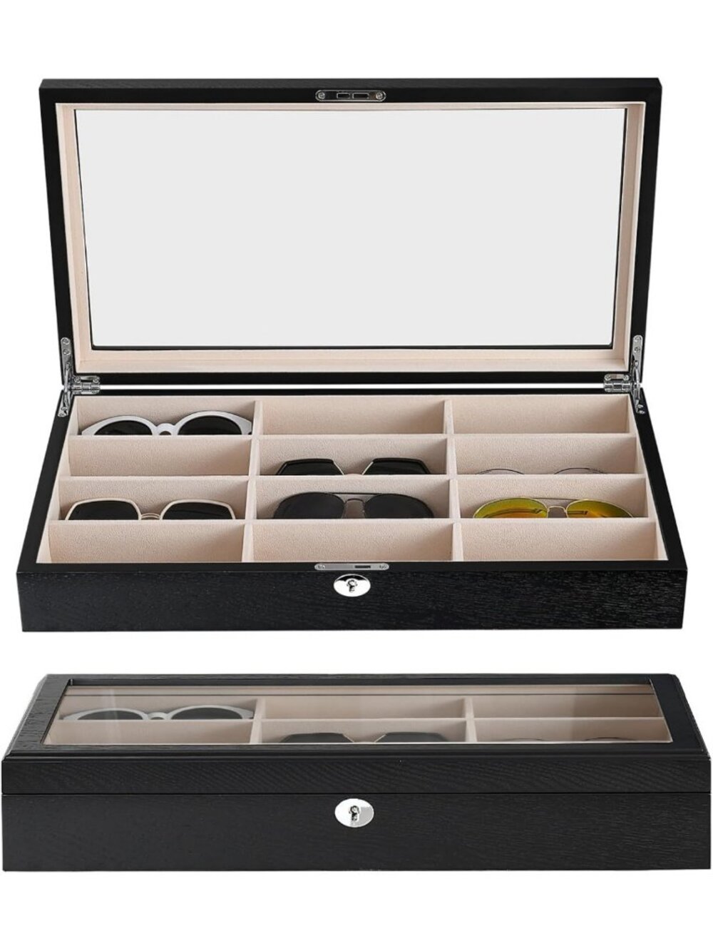 12-Slot Wooden Sunglasses Organizer & Eyeglasses Storage Box for Men & Women